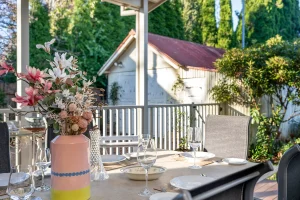 2 metre solid marble dining table provides a magnificent space for outdoor dining.